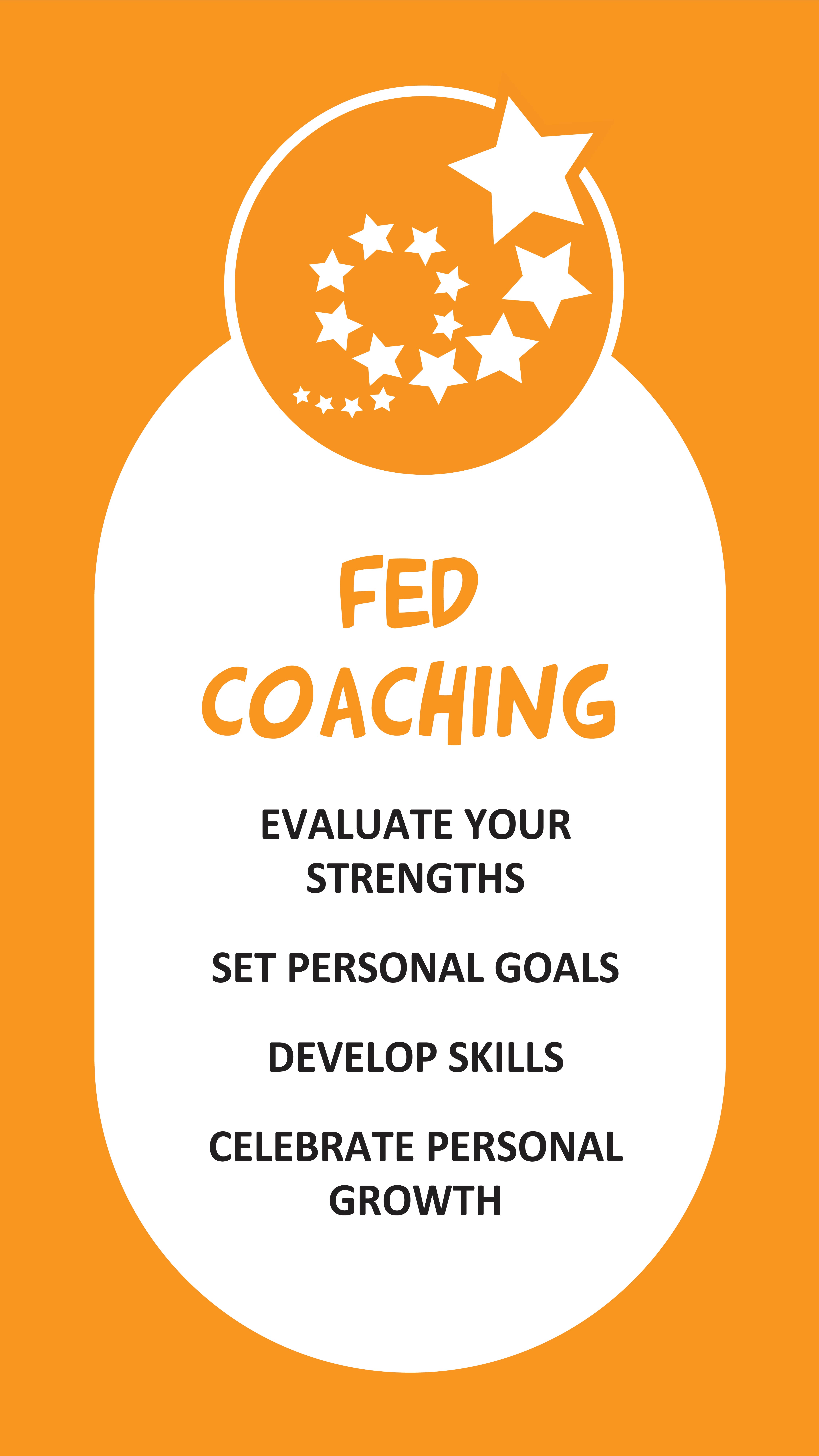 Fed Coaching: Evaluate your strengths, Set personal goals, Develop skills, Celebrate personal growth.