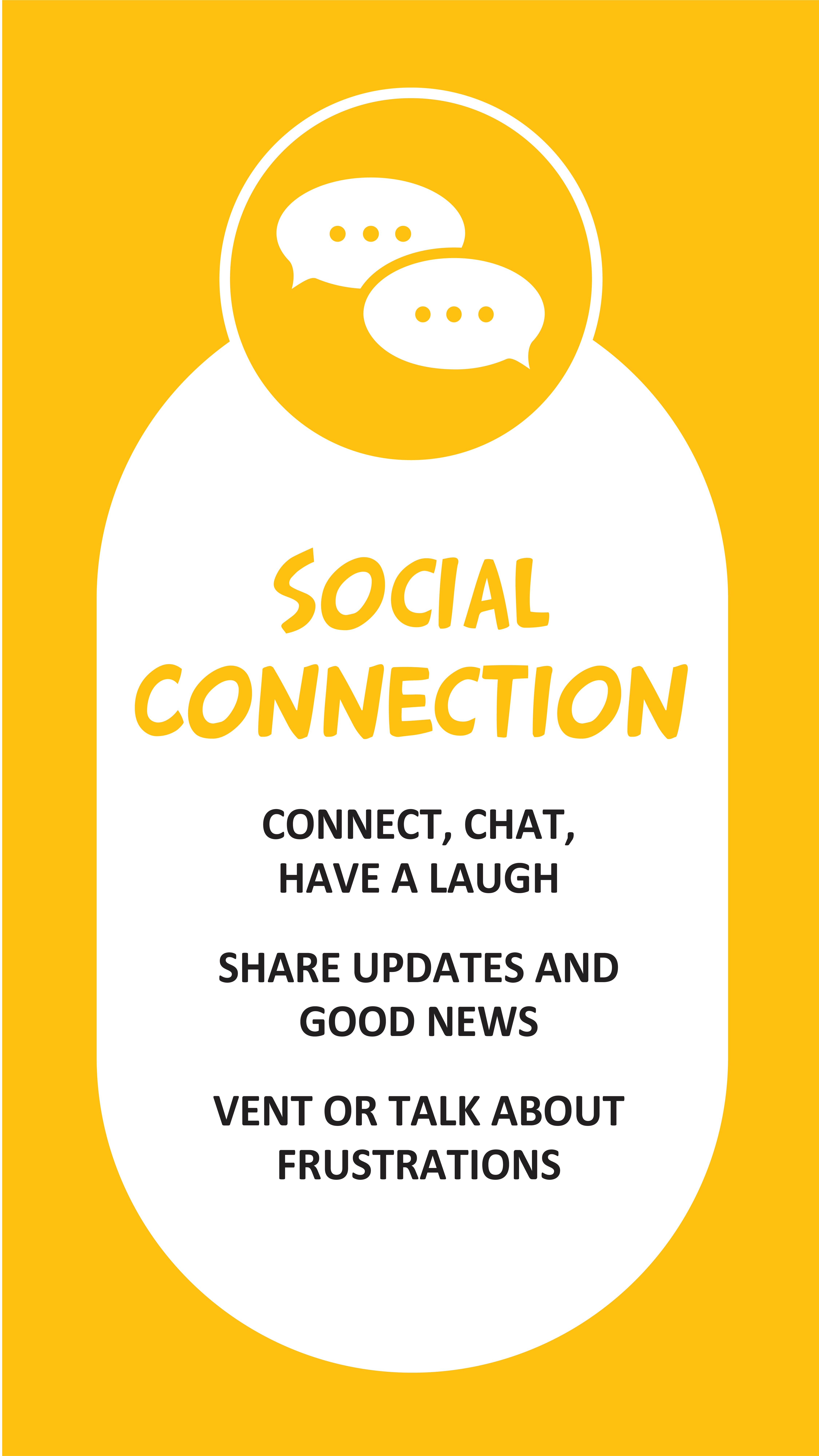 Social Connection: Connect, chat, have a laugh! Share updates and good news. Vent or talk about frustrations. 