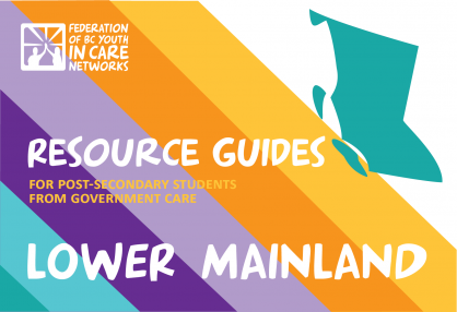 colourful graphic with the province of BC shape, the Federation of BC Youth in Care Networks logo, and text that reads Resource Guides for Post-Secondary Students from government care-Lower Mainland